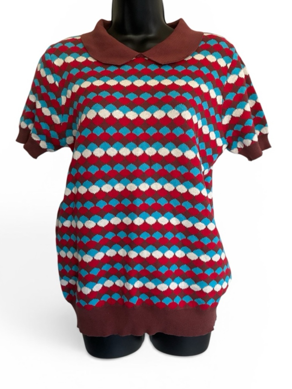 OXKnit Retro Patterned Short-Sleeve Sweater with Collar - Size M - Red Blue